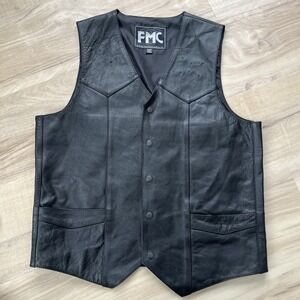 First Manufacturing Company Men Black Leather Vest 44T Pockets 5 Snap, Biker